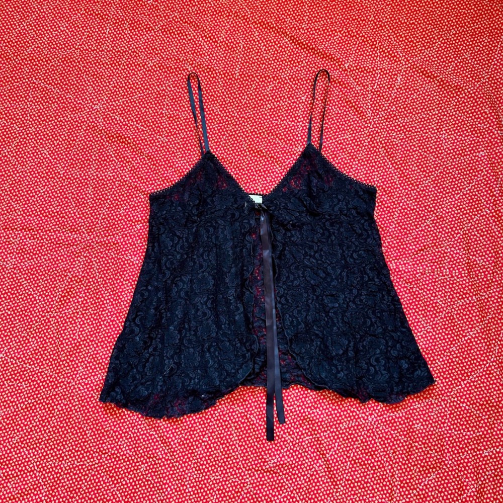 Delicates Vintage 2000s Black sheer Floral Lace Tie Front Babydoll Cami Top XL